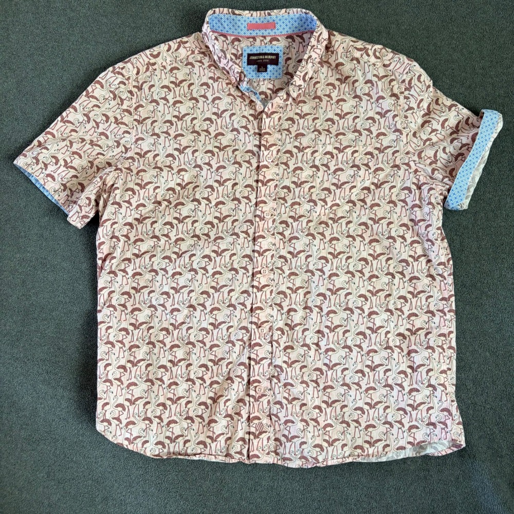 Johnston & Murphy Flamingo Shirt Mens Large Pink Short Sleeve Button Up
